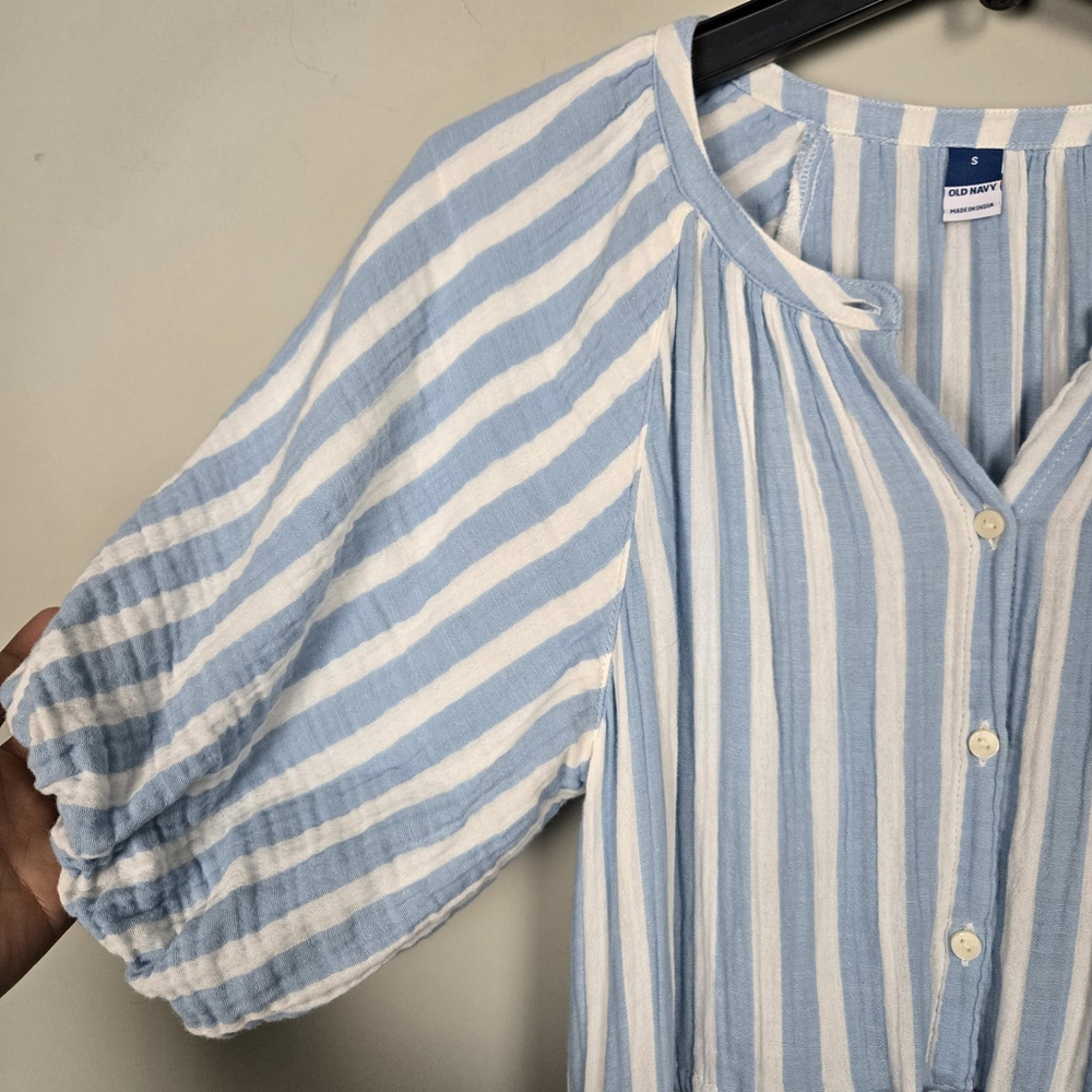 Old Navy Womens Puff Sleeve Mini Shirt Dress Size S Blue Striped Coastal Peasant - Picture 3 of 7